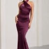 Unstoppable | Burgundy Satin Cross Over Halterneck Maxi Dress -Dress Shop WB CL126739069 UnstoppableBurgundySatinCrossOverHalterneckMaxiDress0