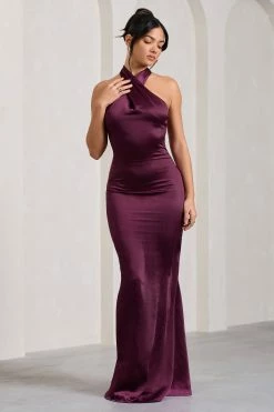 Unstoppable | Burgundy Satin Cross Over Halterneck Maxi Dress -Dress Shop WB CL126739069 UnstoppableBurgundySatinCrossOverHalterneckMaxiDress2