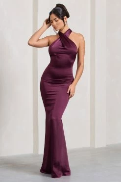 Unstoppable | Burgundy Satin Cross Over Halterneck Maxi Dress -Dress Shop WB CL126739069 UnstoppableBurgundySatinCrossOverHalterneckMaxiDress3