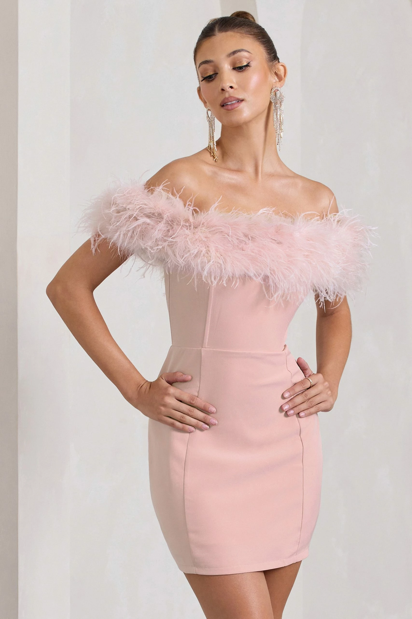 Pure Delight | Pink Bardot Feather Mini Dress 6 Pure Delight | Pink Bardot Feather Mini Dress - Image 4