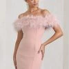 Pure Delight | Pink Bardot Feather Mini Dress -Dress Shop WB CL127039030 PureDelightNudeBardotFeatherMiniDress2