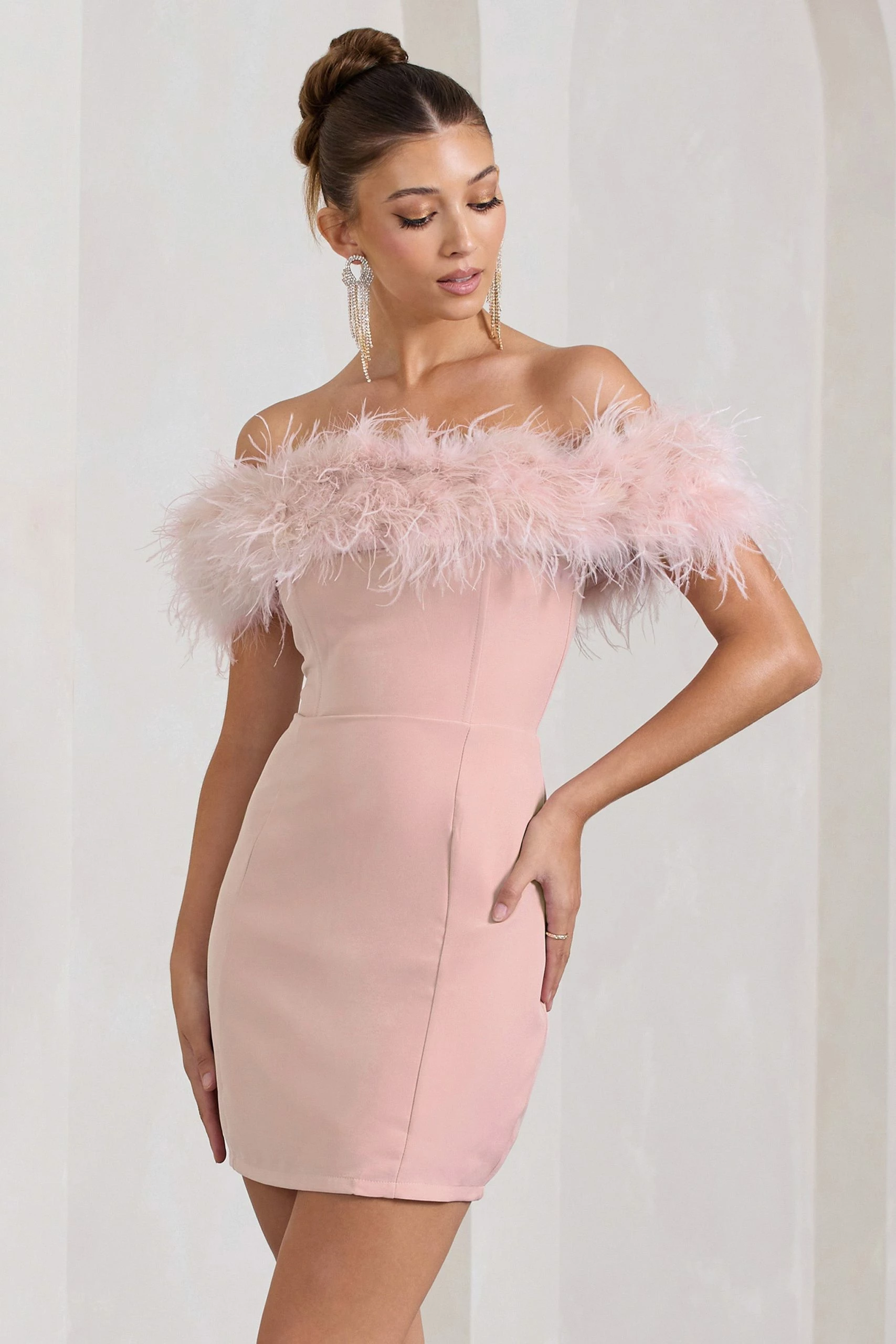 Pure Delight | Pink Bardot Feather Mini Dress 3 Pure Delight | Pink Bardot Feather Mini Dress