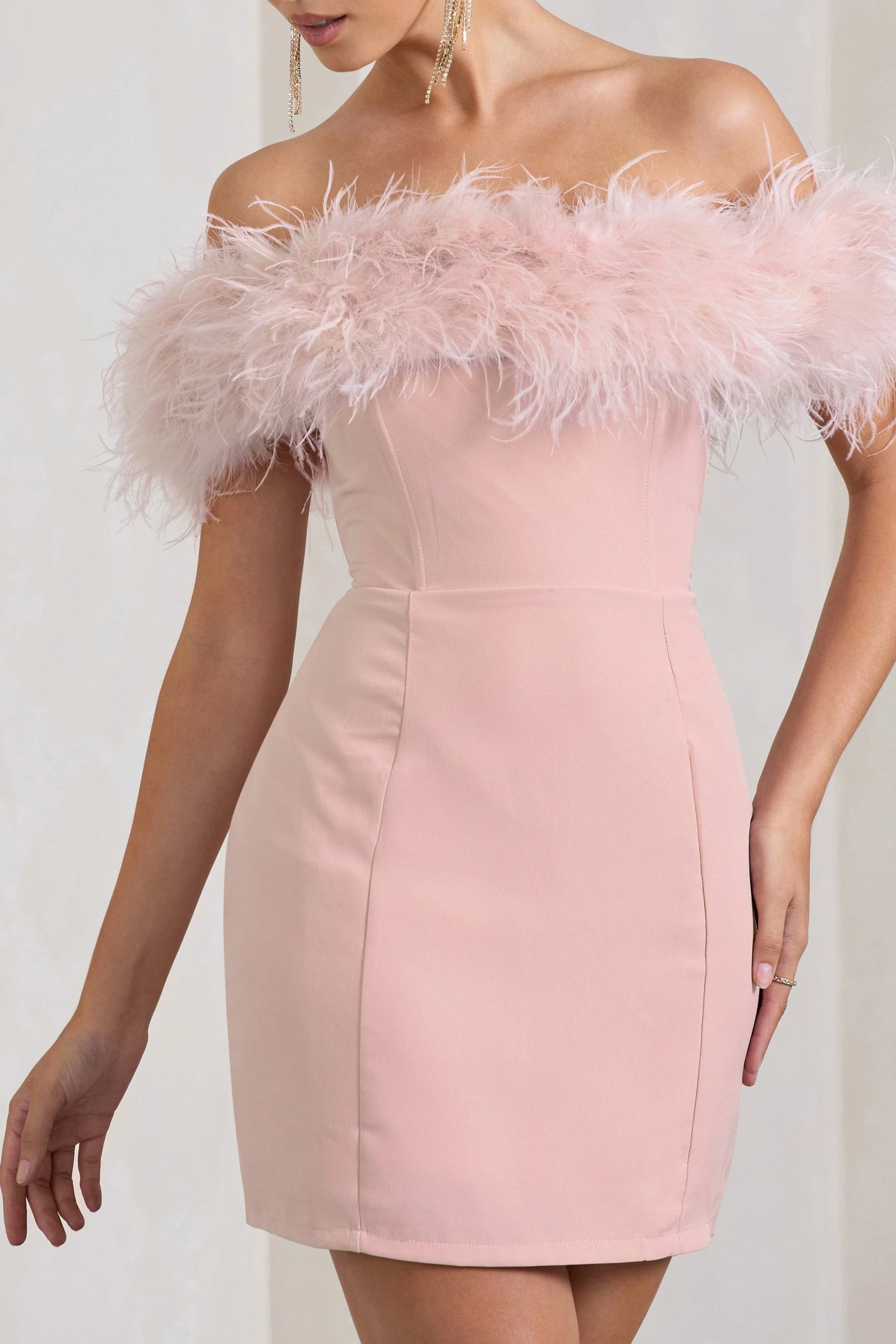 Pure Delight | Pink Bardot Feather Mini Dress 5 Pure Delight | Pink Bardot Feather Mini Dress - Image 3