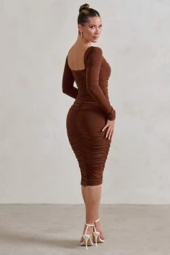 Seductress | Chocolate Long Sleeve Square Neck Ruched Midi Dress