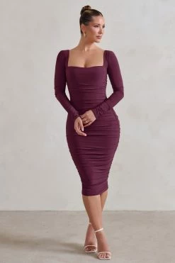 Seductress | Burgundy Square Neck Bodycon Midi Dress With Long Sleeves 9 Seductress | Burgundy Square Neck Bodycon Midi Dress With Long Sleeves -Dress Shop WB CL127075158 Seductress BurgundySquareNeckBodyconMidiDressWithLongSleeves0