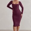 Seductress | Burgundy Square Neck Bodycon Midi Dress With Long Sleeves -Dress Shop WB CL127075158 Seductress BurgundySquareNeckBodyconMidiDressWithLongSleeves1