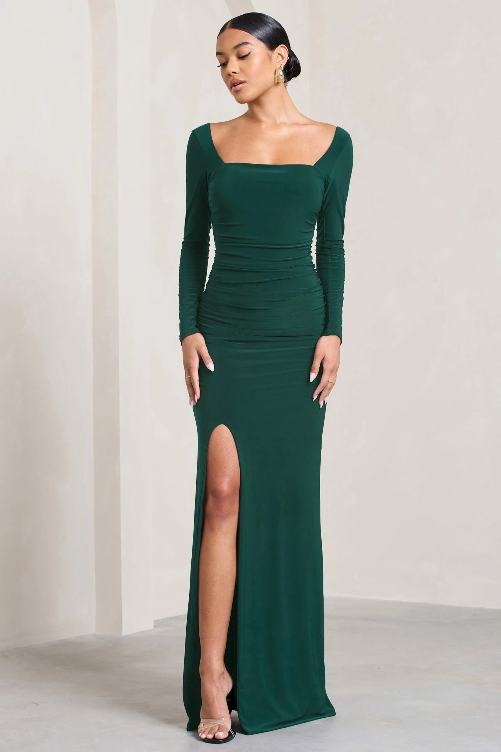 My Pleasure | Bottle Green Square Neck Ruched Maxi Dress 7 My Pleasure | Bottle Green Square Neck Ruched Maxi Dress - Image 5
