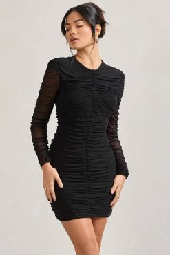 Euphoria | Black Ruched Long Sleeve Mini Dress -Dress Shop WB CL127184002 Euphoria BlackRuchedLongSleeveMiniDress1