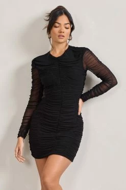 Euphoria | Black Ruched Long Sleeve Mini Dress -Dress Shop WB CL127184002 Euphoria BlackRuchedLongSleeveMiniDress2