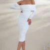 Riga | White Bardot Ruched Midi Dress With Long Sleeves -Dress Shop WB CL127320 RigaWhiteBardotDetailRuchedMidiDress4