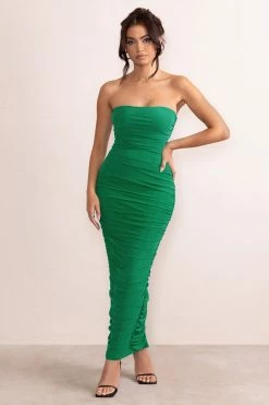 My Lady | Emerald Green Strapless Bodycon Ruched Mesh Maxi Dress
