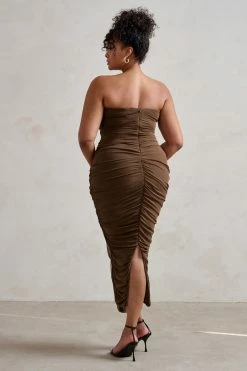 My Lady | Chocolate Brown Strapless Bodycon Ruched Mesh Maxi Dress -Dress Shop WB CL127347 MyLady ChocolateBrownStraplessBodyconRuchedMeshMidiDress5