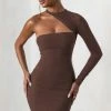 Perfect Touch | Chocolate One Shoulder Long Sleeve Mini Dress