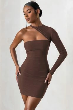 Perfect Touch | Chocolate One Shoulder Long Sleeve Mini Dress
