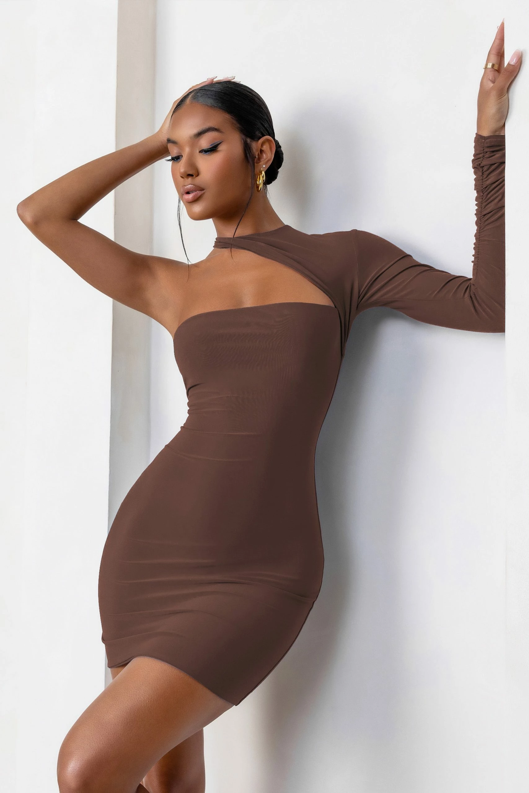 Perfect Touch | Chocolate One Shoulder Long Sleeve Mini Dress 5 Perfect Touch | Chocolate One Shoulder Long Sleeve Mini Dress - Image 3