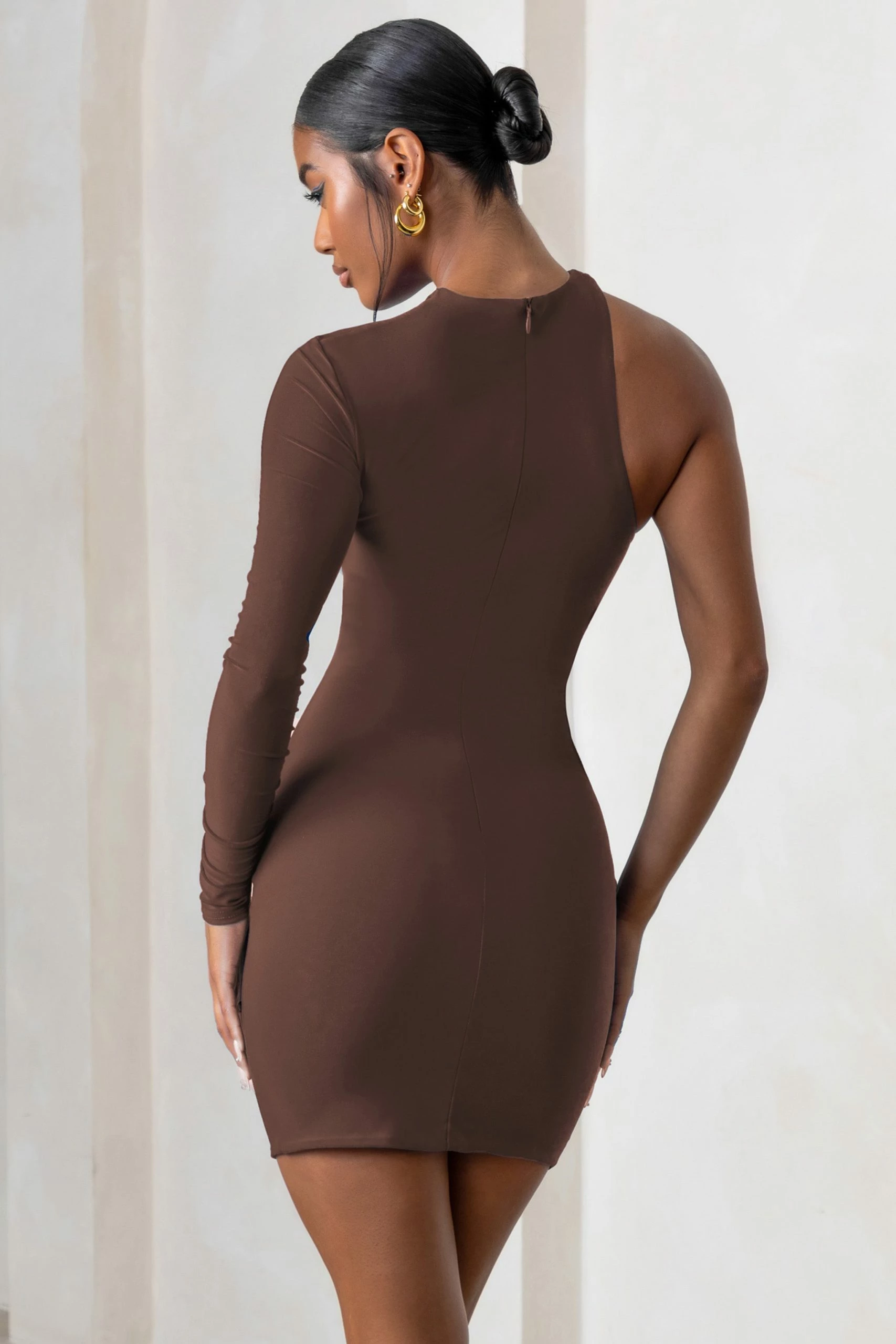 Perfect Touch | Chocolate One Shoulder Long Sleeve Mini Dress 4 Perfect Touch | Chocolate One Shoulder Long Sleeve Mini Dress - Image 2