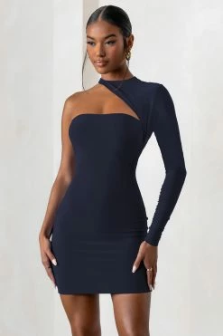 Perfect Touch | Navy One Shoulder Long Sleeve Mini Dress -Dress Shop WB CL127623 PerfectTouchNavyOneSleeveCutOutLongSleeveMiniDress0