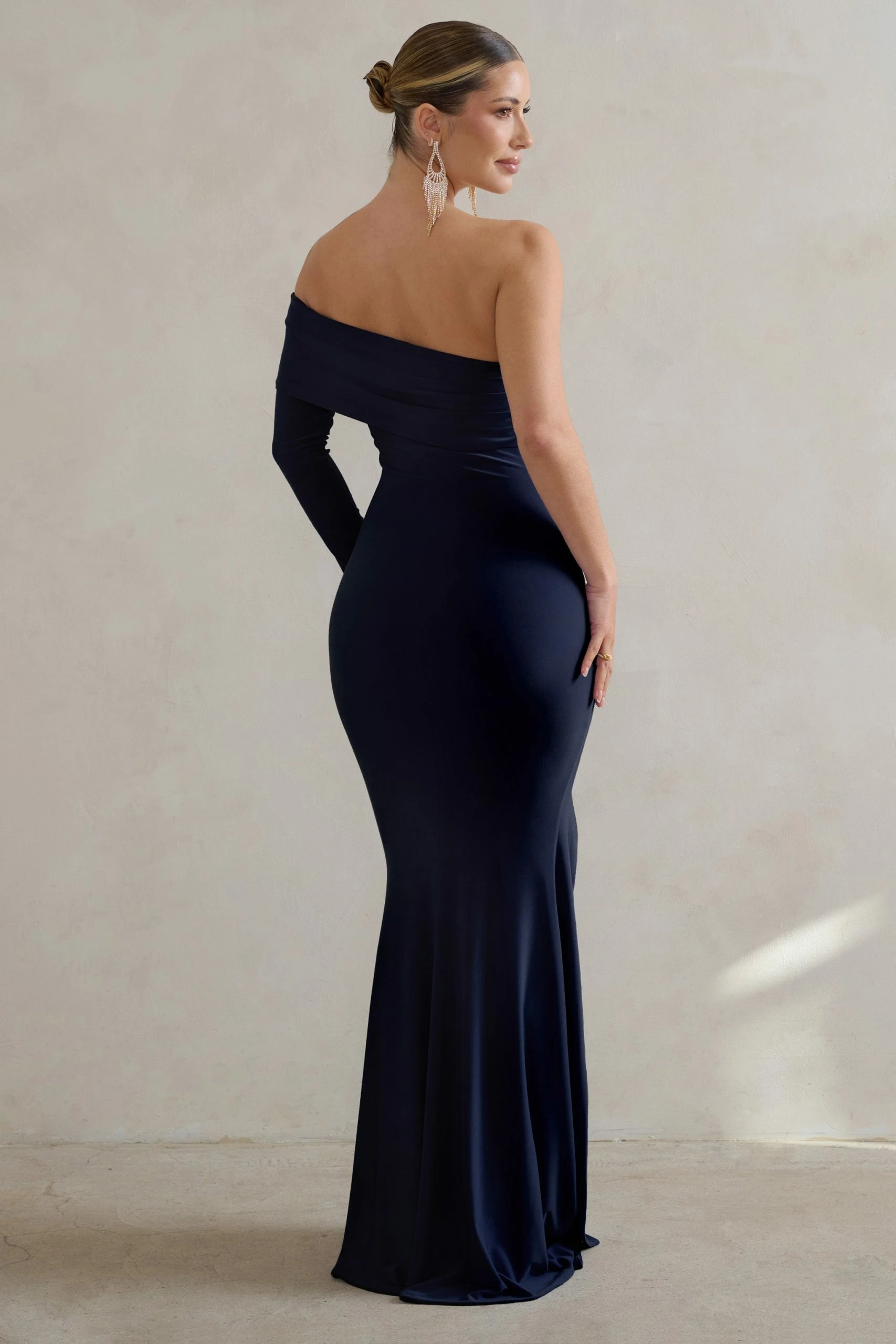 Meghan | Navy Bardot Neck Thigh Split Fishtail Maxi Dress 4 Meghan | Navy Bardot Neck Thigh Split Fishtail Maxi Dress - Image 2
