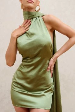 Nasira | Olive Asymmetric Neck Open Back Mini Dress With Scarf Detail 9 Nasira | Olive Asymmetric Neck Open Back Mini Dress With Scarf Detail -Dress Shop WB CL127656 NasiraOliveAsymmetricNeckOpenBackMiniDressWithScarfDetail4