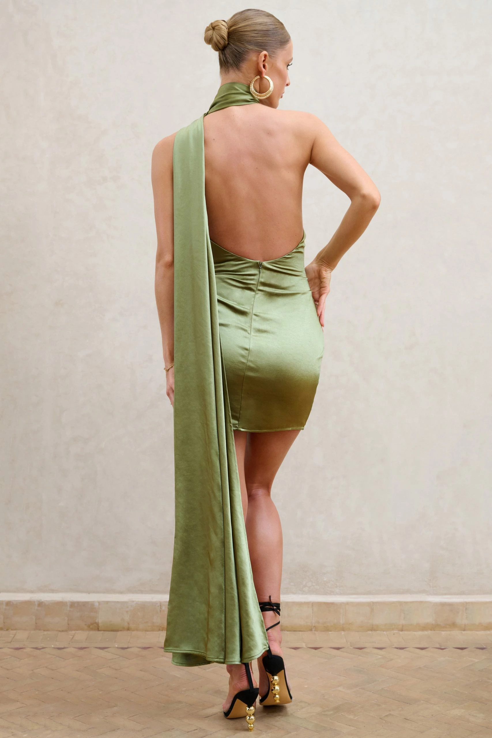 Nasira | Olive Asymmetric Neck Open Back Mini Dress With Scarf Detail 4 Nasira | Olive Asymmetric Neck Open Back Mini Dress With Scarf Detail - Image 2