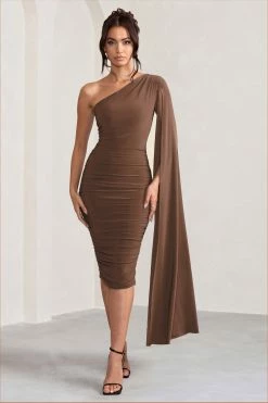 Yara | Chocolate Brown One Shoulder Cape Ruched Midi Dress -Dress Shop WB CL127661106 YaraChocolateOneShoulderCapeRuchedMidiDress0