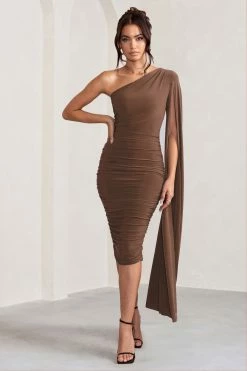 Yara | Chocolate Brown One Shoulder Cape Ruched Midi Dress -Dress Shop WB CL127661106 YaraChocolateOneShoulderCapeRuchedMidiDress1