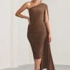 Yara | Chocolate Brown One Shoulder Cape Ruched Midi Dress 1 Yara | Chocolate Brown One Shoulder Cape Ruched Midi Dress -Dress Shop WB CL127661106 YaraChocolateOneShoulderCapeRuchedMidiDress2
