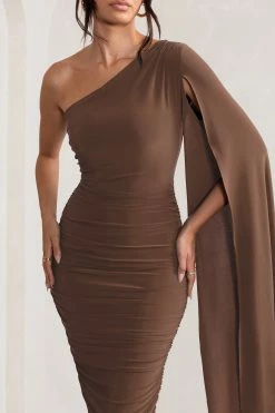 Yara | Chocolate Brown One Shoulder Cape Ruched Midi Dress -Dress Shop WB CL127661106 YaraChocolateOneShoulderCapeRuchedMidiDress3