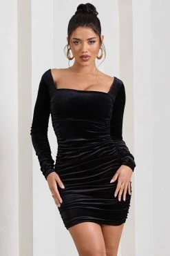 Muse | Black Velvet Long Sleeve Square Neck Ruched Mini Dress 9 Muse | Black Velvet Long Sleeve Square Neck Ruched Mini Dress -Dress Shop WB CL127970002 MuseBlackVelvetLongSleeveSquareNeckRuchedMiniDress0