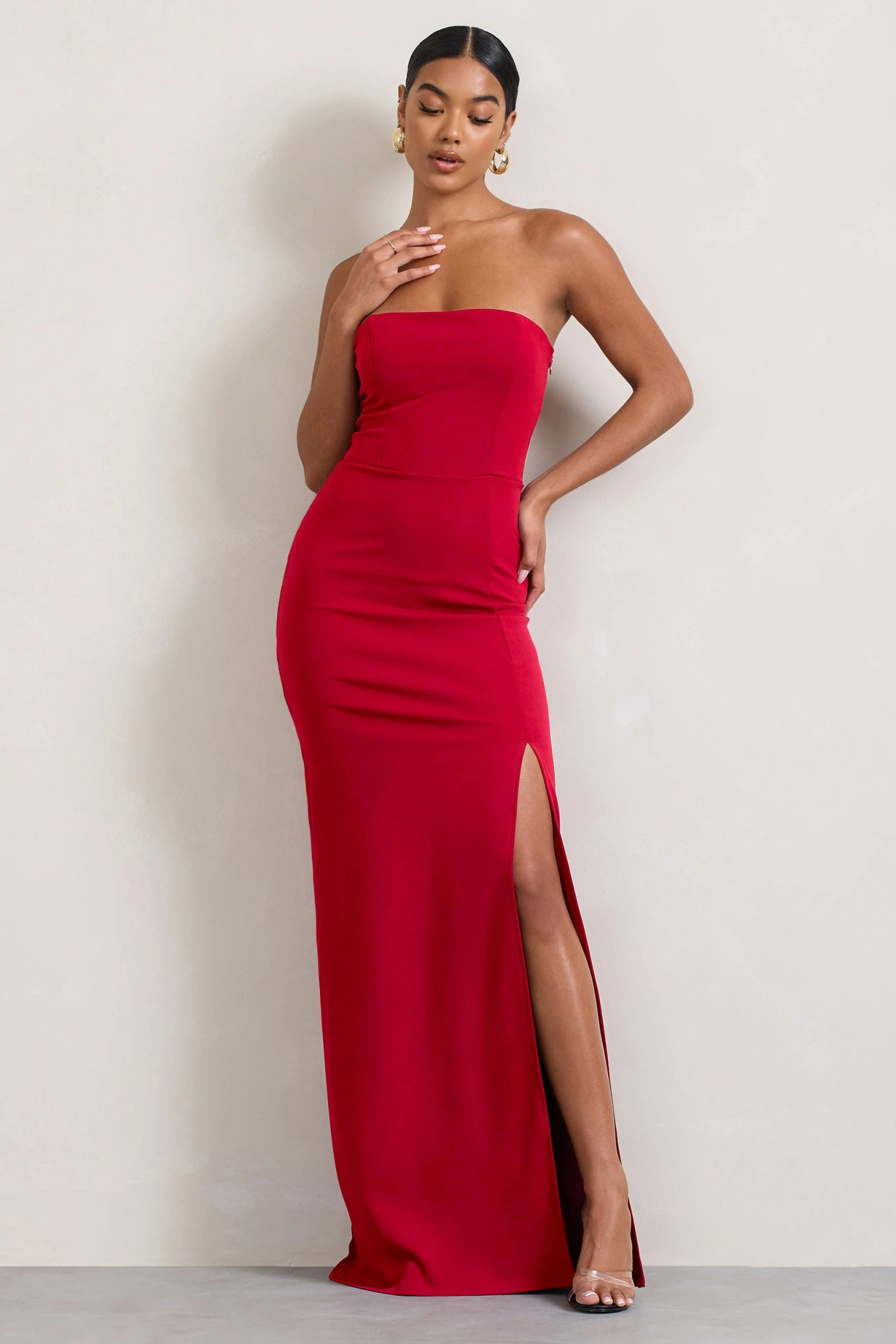 Belle Of The Ball | Red Bandeau Maxi Dress With Split Hem 3 Belle Of The Ball | Red Bandeau Maxi Dress With Split Hem