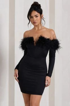 Celia | Black Plunge Neck Bardot Mini Dress With Feather Trim Detail 10 Celia | Black Plunge Neck Bardot Mini Dress With Feather Trim Detail -Dress Shop WB CL128033002 CeliaBlackNotchNeckBardotMiniDressWithFeatherTrimDetail1 c5fd9cfb 9fff 4853 afa0 3bc6043e1c01