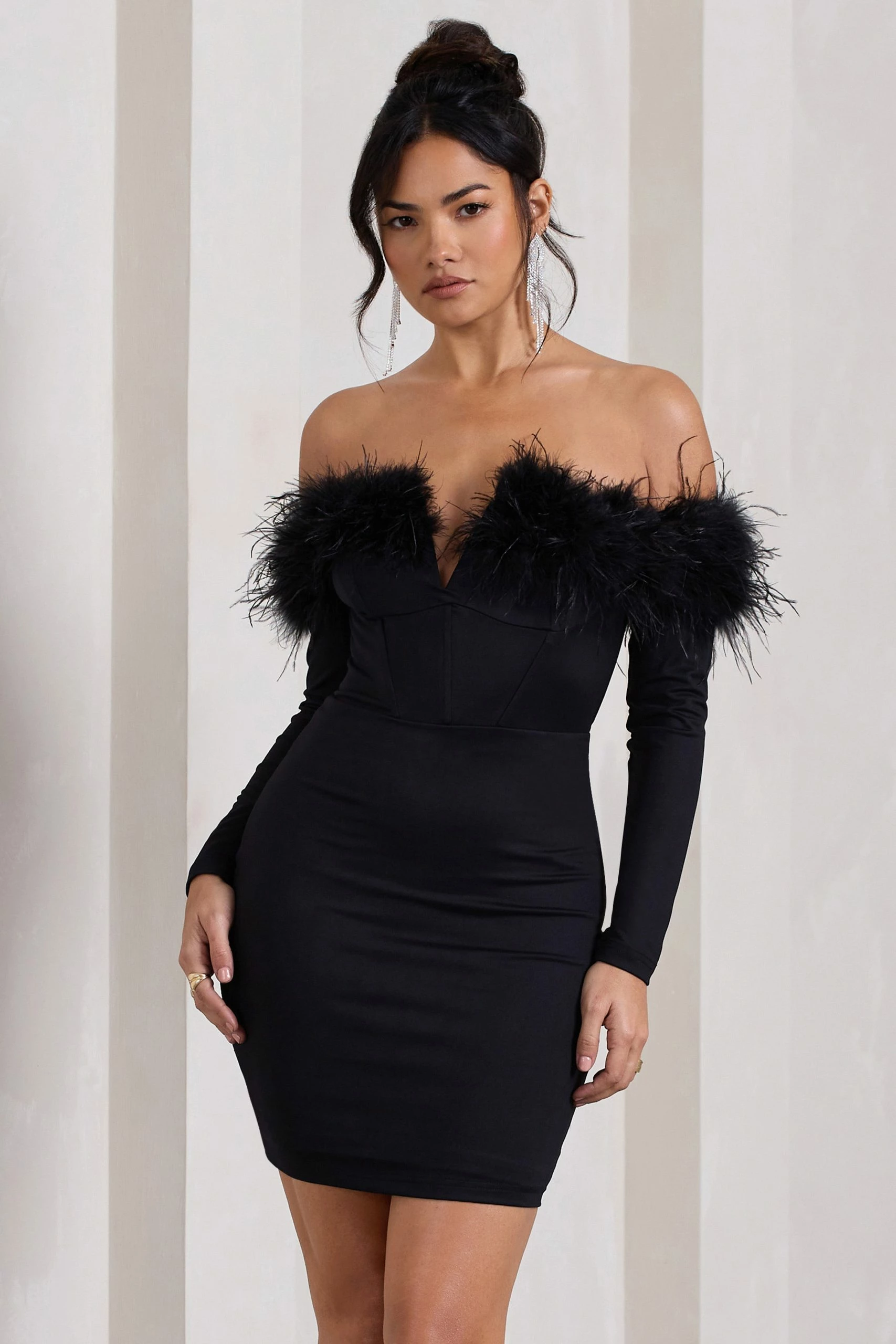 Celia | Black Plunge Neck Bardot Mini Dress With Feather Trim Detail 6 Celia | Black Plunge Neck Bardot Mini Dress With Feather Trim Detail - Image 4