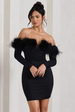 Celia | Black Plunge Neck Bardot Mini Dress With Feather Trim Detail 11 Celia | Black Plunge Neck Bardot Mini Dress With Feather Trim Detail -Dress Shop WB CL128033002 CeliaBlackNotchNeckBardotMiniDressWithFeatherTrimDetail2 f2fb14f4 2743 4f4b a5fe d3b48b082fbc