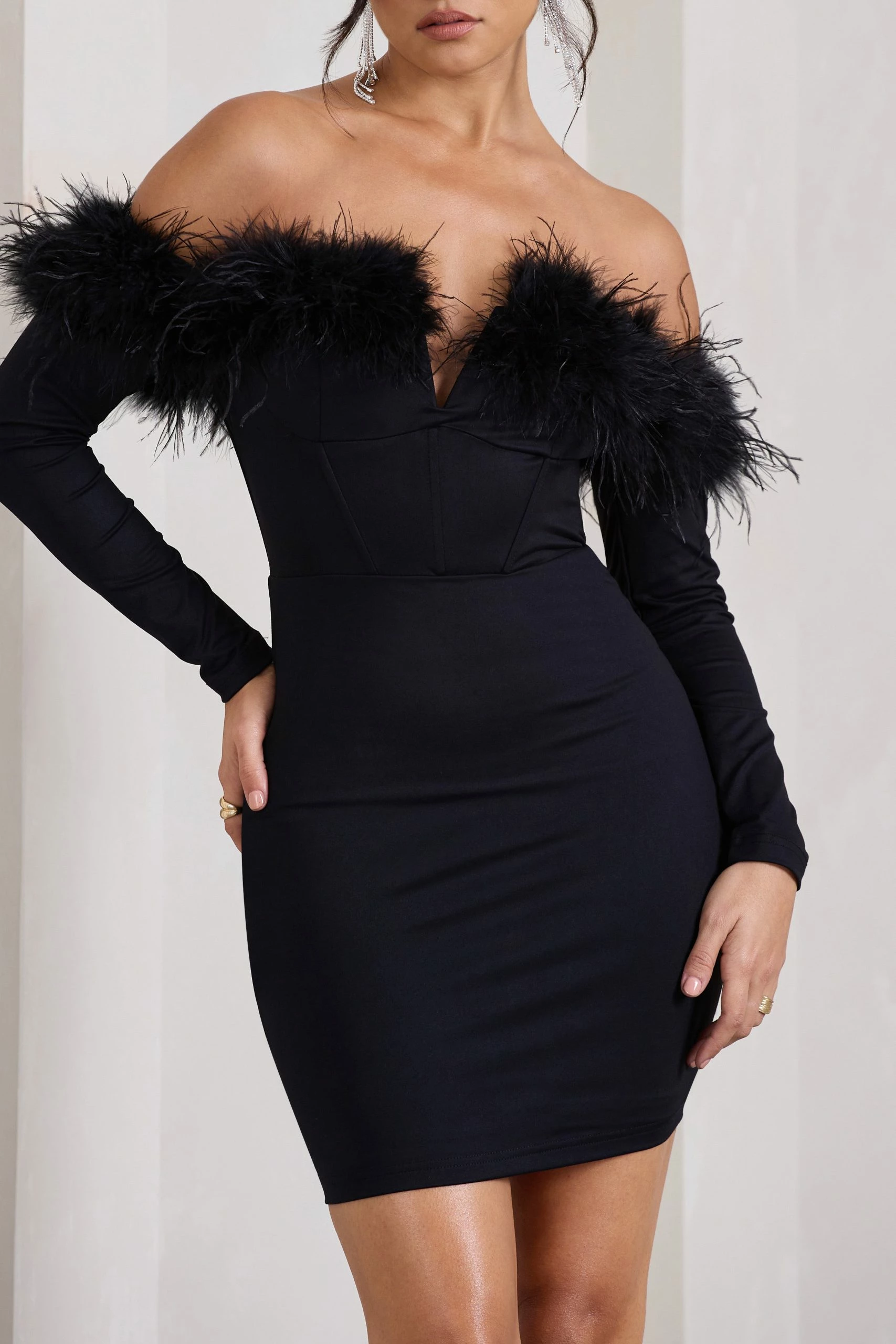 Celia | Black Plunge Neck Bardot Mini Dress With Feather Trim Detail 5 Celia | Black Plunge Neck Bardot Mini Dress With Feather Trim Detail - Image 3