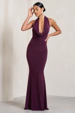 Milani | Plum Backless Cowl Neck Fishtail Maxi Dress -Dress Shop WB CL128040069 MilaniPlumBacklessCowlNeckFishtailMaxiDress0