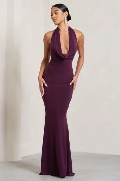 Milani | Plum Backless Cowl Neck Fishtail Maxi Dress -Dress Shop WB CL128040069 MilaniPlumBacklessCowlNeckFishtailMaxiDress3