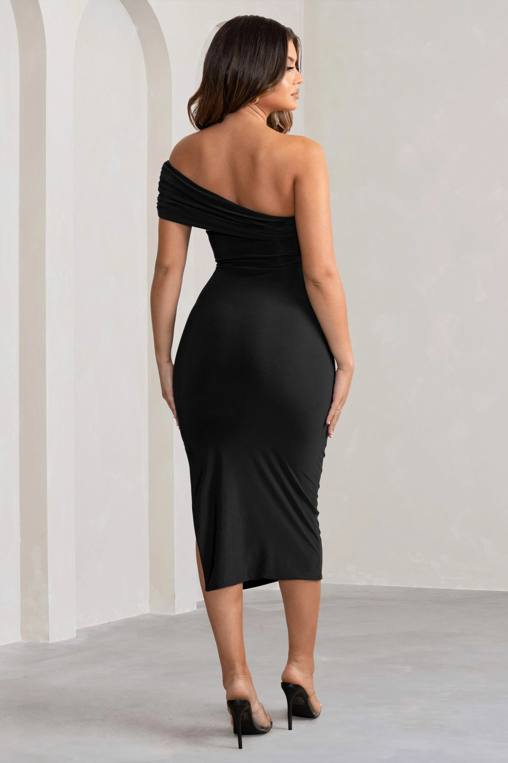 Odelia | Black One Shoulder Bardot Ruched Midi Dress 4 Odelia | Black One Shoulder Bardot Ruched Midi Dress - Image 2