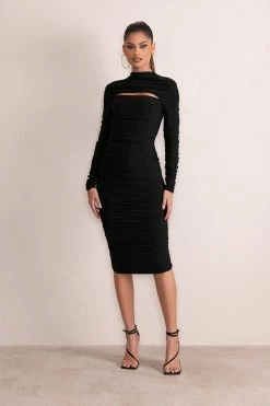 Peyton | Black Ruched Cut Out Bodycon Midi Dress With Long Sleeves