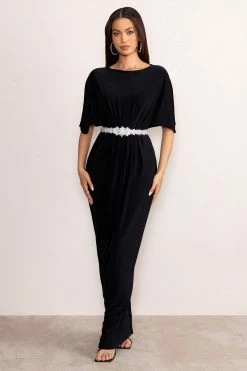 Polly | Black Slash Neck Maxi Dress Cape Sleeves 11 Polly | Black Slash Neck Maxi Dress Cape Sleeves -Dress Shop WB CL128285 PollyBlackHighNeckMaxiDresswithWaistDetailingandCapeSleeves0