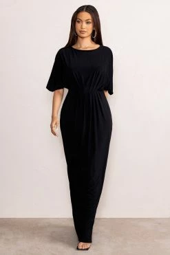 Polly | Black Slash Neck Maxi Dress Cape Sleeves 13 Polly | Black Slash Neck Maxi Dress Cape Sleeves -Dress Shop WB CL128285 PollyBlackHighNeckMaxiDresswithWaistDetailingandCapeSleeves8