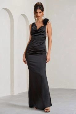 Cherish Me | Black Satin Asymmetric Cowl Maxi Dress With Feather Strap -Dress Shop WB CL128337002 CherishMeBlackSatinAsymmetricCowlMaxiDressWithFeatherStrap2