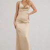 Cherish Me | Gold Satin Asymmetric Cowl Maxi Dress With Feather Strap -Dress Shop WB CL1283370072 CherishMeGoldBodyconMidiDressWithStatementFeatherTrim0