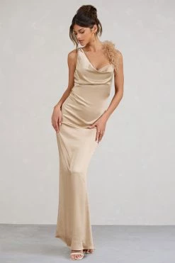 Cherish Me | Gold Satin Asymmetric Cowl Maxi Dress With Feather Strap -Dress Shop WB CL1283370072 CherishMeGoldBodyconMidiDressWithStatementFeatherTrim1