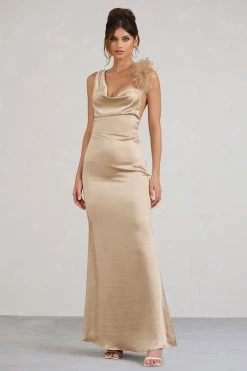 Cherish Me | Gold Satin Asymmetric Cowl Maxi Dress With Feather Strap -Dress Shop WB CL1283370072 CherishMeGoldBodyconMidiDressWithStatementFeatherTrim2