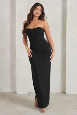 Manon | Black Sweetheart Bandeau Maxi Dress With Thigh Split -Dress Shop WB CL128389 ManonBlackSweetheartBandeauMaxiDressWithThighSplit1