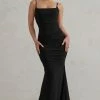 Adele | Black Ruched Fishtail Cami Maxi Dress -Dress Shop WB CL128390 AdeleBlackRuchedFishtailCamiMaxiDress1