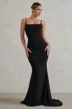 Dress Shop 24 Adele | Black Ruched Fishtail Cami Maxi Dress