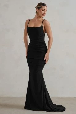 Adele | Black Ruched Fishtail Cami Maxi Dress 9 Adele | Black Ruched Fishtail Cami Maxi Dress -Dress Shop WB CL128390 AdeleBlackRuchedFishtailCamiMaxiDress2