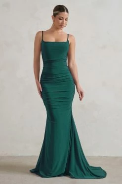 Adele | Bottle Green Backless Ruched Fishtail Cami Maxi Dress -Dress Shop WB CL128390 AdeleBottleGreenRuchedFishtailCamiMaxiDress0 e8fe8c0f 35a6 4cb7 bfef d413b3c09fbf