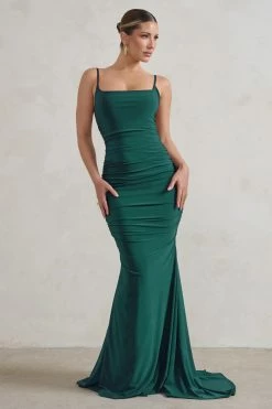 Adele | Bottle Green Backless Ruched Fishtail Cami Maxi Dress -Dress Shop WB CL128390 AdeleBottleGreenRuchedFishtailCamiMaxiDress1 afae2239 a4f4 4d25 a273 4817c568841d